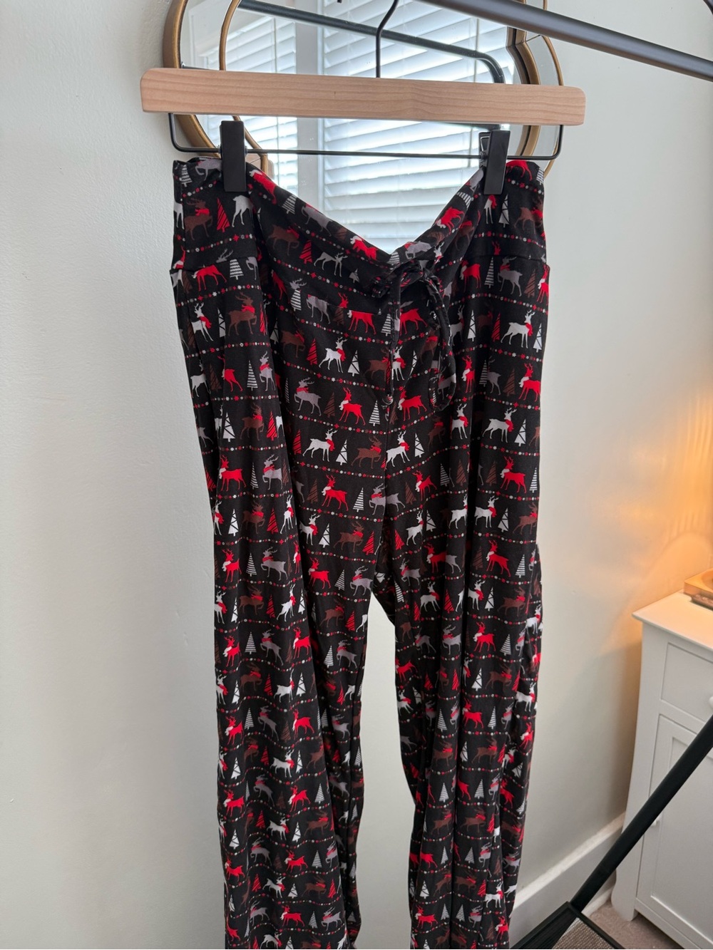 The White Company Black Pajama Pants with Red and White Reindeer Print